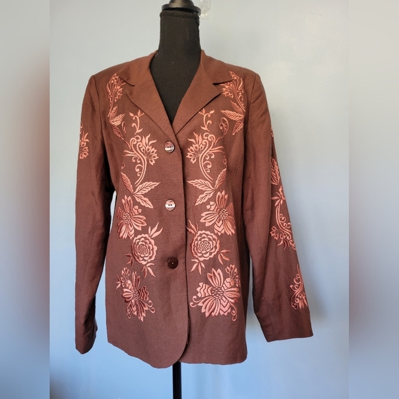 Victor Costa Women's Linen Blend Floral Embroidered Brown Blaze L - Picture 1 of 12